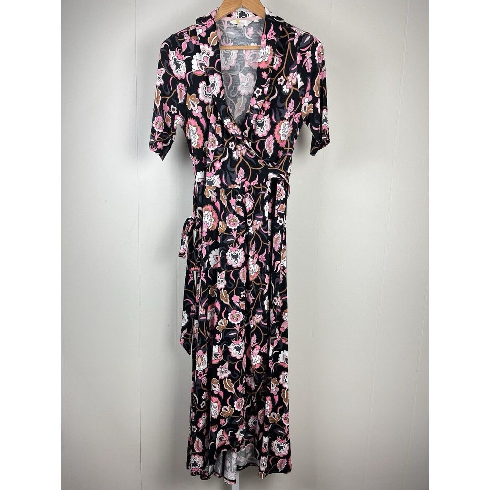 Boden Black Floral Wrap Dress with Pink and White Accents